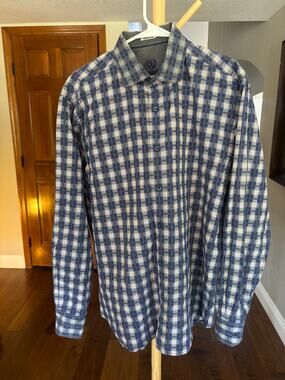Bugatchi Uomo Shaped Fit Shirt Mens M Blue Plaid Long Sleeve 100% Cotton